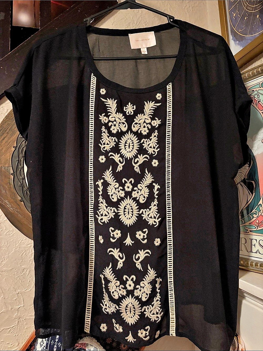 SKIES ARE BLUE Embroidered Front Chiffon Blouse Black XL